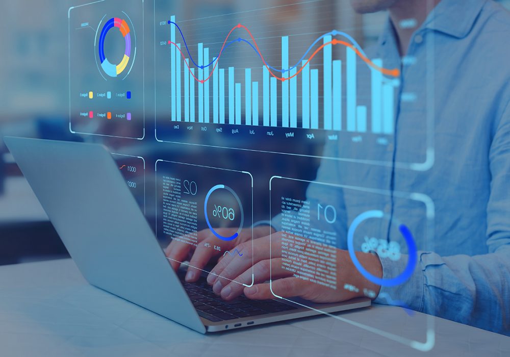 Analyst working on business analytics dashboard with KPI, charts and metrics to analyze data and create insight reports for executives and strategical decisions. Operations and performance management.